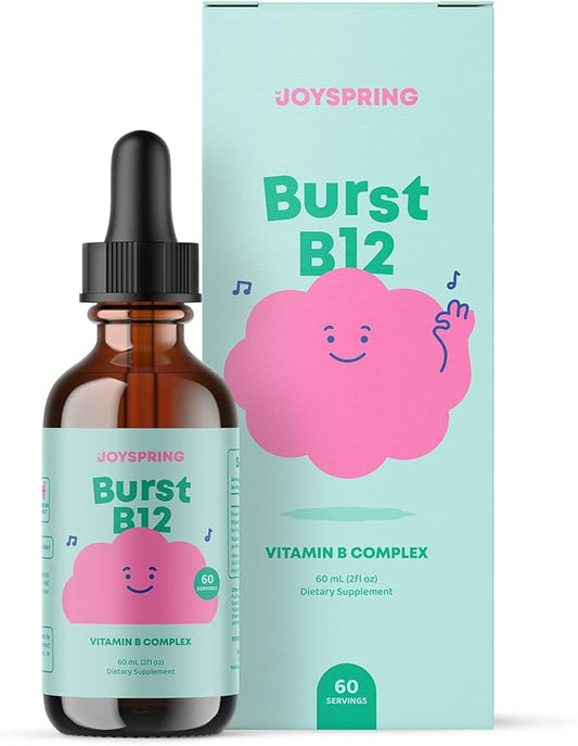 JoySpring Burst B12 Drops - Vitamin B Complex for Kids (2 fl oz) B2, B6, B5 + Methylcobalamin B12 Children Supplement to Support Healthy Growth & Development, Vegan B12, Ages 2-16+ | 60 Servings