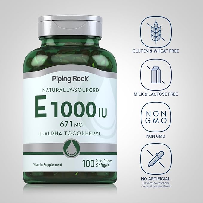 Piping Rock Vitamin E 1000 IU Softgel Capsules | 671mg | 100 Pills | D-Alpha Tocopheryl Supplement | Non-GMO, Gluten Free