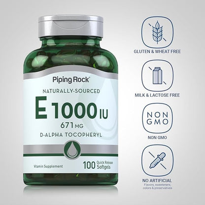 Piping Rock Vitamin E 1000 IU Softgel Capsules | 671mg | 100 Pills | D-Alpha Tocopheryl Supplement | Non-GMO, Gluten Free
