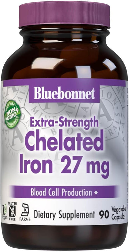 Bluebonnet Nutrition Albion Extra-Strength Chelated Iron 27 mg, For Healthy Red Blood Cell production*, Soy-Free, Gluten-Free, Non-GMO, Kosher, Dairy-Free, Vegan, 90 Vegetable Capsule, 90 Serving