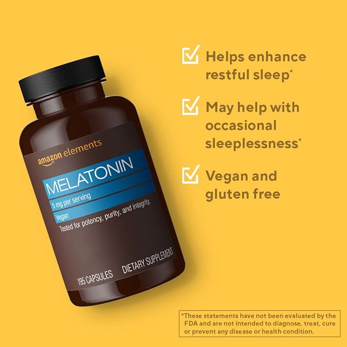 Amazon Elements - Melatonin 5mg Capsules, Helps with occasional sleeplessness, Vegan, Unflavored, 195 Count (Pack of 1), 6 month supply (Packaging may vary)