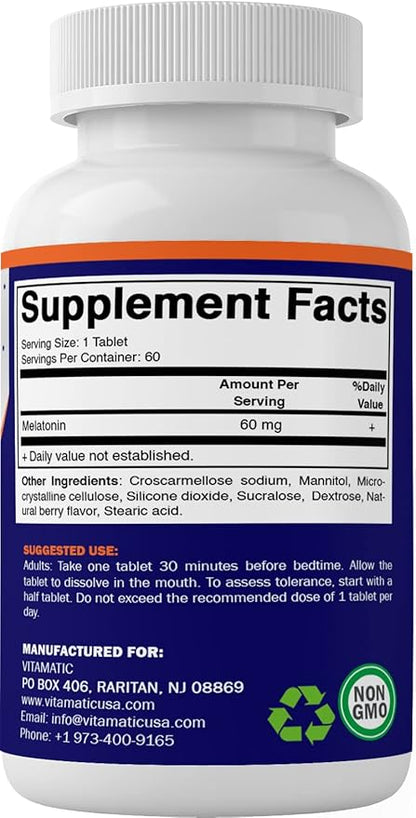 Vitamatic Melatonin 60 mg Fast Dissolve Tablets - 60 Vegan Natural Berry Flavor Tablets - Non-Habit Forming - Non-GMO, Gluten Free (2 Bottles)