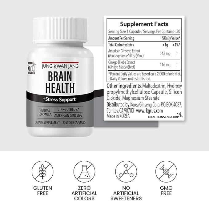 JungKwanJang Ginkgo Biloba Supplements with American Ginseng for Brain Health Formula, Memory Extra Strength, Focus Booster, Promote Cognitive Function - 30 Capsules for Men and Women