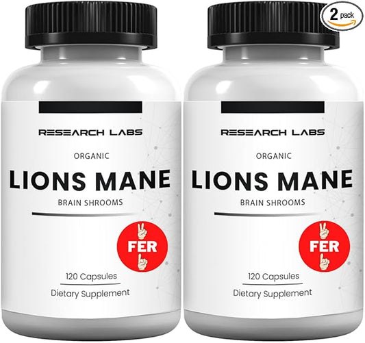 Research Labs Organic Lions Mane Supplement Capsules, 2 Fer 1 Ad - 240 Capsules w/Patent Litropane™ Immune System Booster Nootropic Brain Support Mushroom Supplement. 10X Extract comparable 18000mg