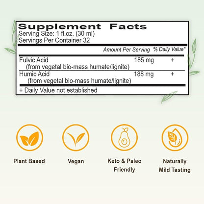 Vital Earth Minerals Fulvic Humic Mineral Blend Liquid – Fulvic Acid Supplement with 70+ Trace Minerals, Electrolytes for Recovery, Balance & Energy, 32 Oz + 1 Oz Cup