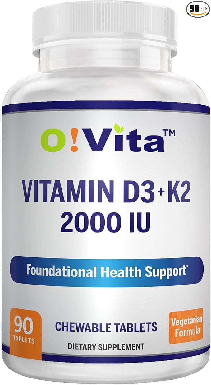 Vitamin D3 + K2 2000IU Chewable for Bone Health Support, 90 Vegan chewable Tablets, up to 3-Month Supply