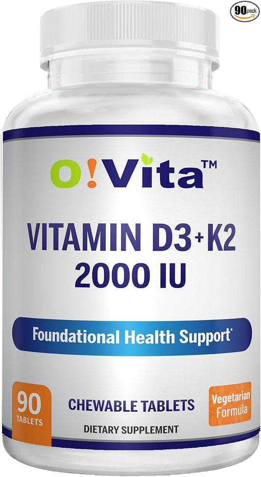 Vitamin D3 + K2 2000IU Chewable for Bone Health Support, 90 Vegan chewable Tablets, up to 3-Month Supply