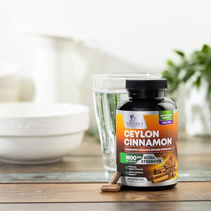 Organic Ceylon Cinnamon Supplement 1800mg - Certified Organic Ceylon Cinnamon Powder Pills - Energy & Heart Support for Women & Men, Bottled in USA, Antioxidant, Gluten Free, Non-GMO - 180 Capsules