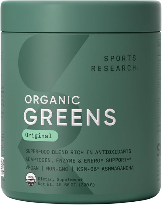 Sports Research® Organic Greens Superfood Powder w/Spirulina & Chlorella, Adaptogens, Enzymes, Probiotics & 8 VIT Bs for Gut & Mood Support* - Vegan, Sugar-Free & Low-Cal Original 30 Servings
