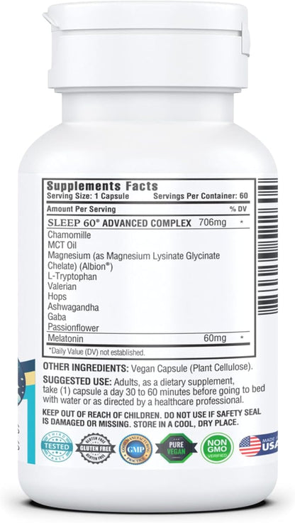 KAPPA NUTRITION Sleep 60, Sleep Aid, 60mg of Melatonin, 60-Day Supply, Non-Habit Forming Vegan Capsules Natural Ingredients for Easier Bedtime, Herbal Supplement, Valerian Root, Chamomile Non-GMO