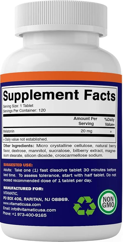 Vitamatic Melatonin 20 mg Tablets | Vegetarian, Non-GMO, Gluten Free | HIGH Potency 20 MG | Natural Berry Flavor (1/2 Tablets = Melatonin 10 mg) (120 Count (Pack of 3))