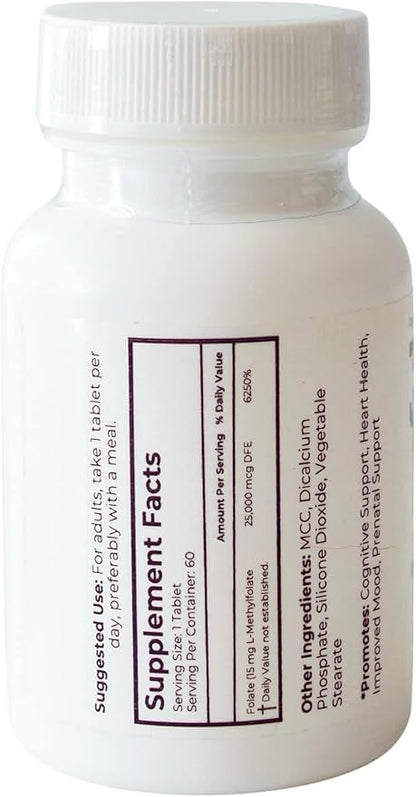 L Methylfolate 15mg - 60 Tablets, Professional Strength Vitamin B9 Folate Supplement, 5-MTHF Supports Brain, Mood, Methylation, Nerve Health, Fetal Development - Bioactive Form