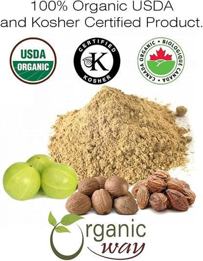Organic Way Triphala Herbal Powder - Amla, Haritaki & Bibhitaki Formula | Kosher & USDA Certified | Vegan, Non-GMO & Gluten Free | Tested for Heavy Metal and Purity | 100% Raw from India (1LBS / 16Oz)