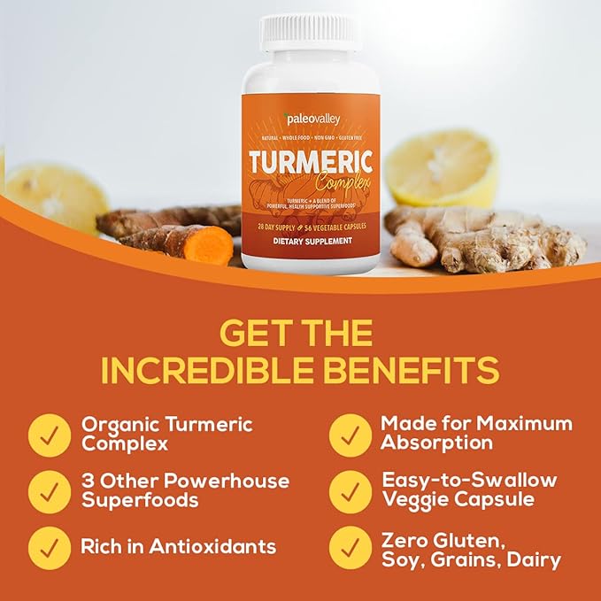 Paleovalley - Organic Turmeric Complex - Full Spectrum Organic Turmeric with Health-Supportive Superfoods - 56 Vegetarian Capsules - Support Joints, Immunity, Brain and Heart Health
