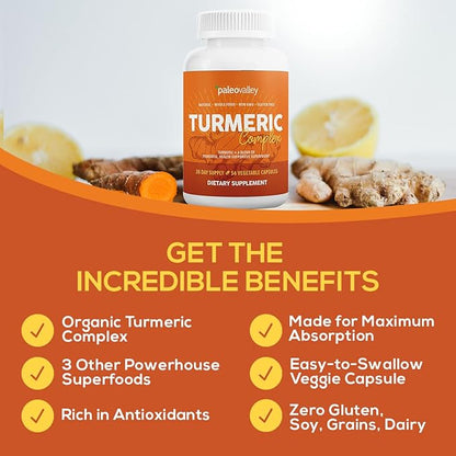 Paleovalley - Organic Turmeric Complex - Full Spectrum Organic Turmeric with Health-Supportive Superfoods - 56 Vegetarian Capsules - Support Joints, Immunity, Brain and Heart Health