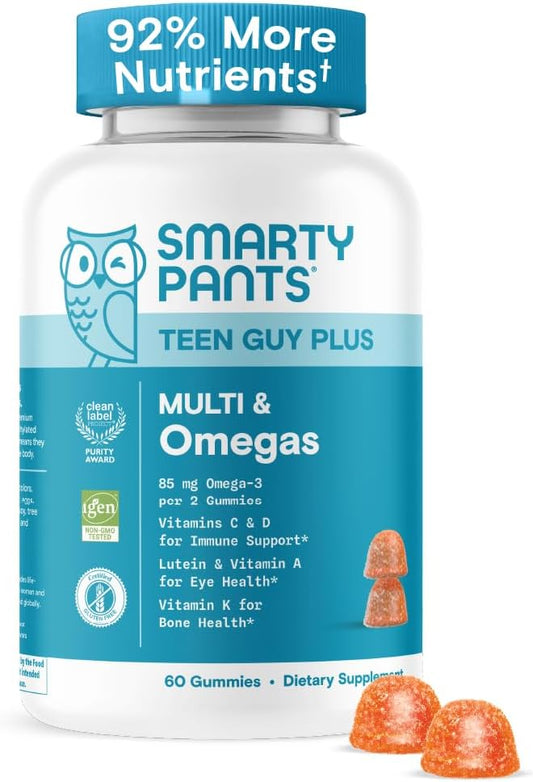 SmartyPants Teen Guy Multivitamin Gummies - Improved Formula: Omega 3 (DHA/EPA), Vitamin D3, C, Vitamin B12, B6, A, K & Zinc, Folate, Gluten Free, Fruit Flavor, 60 Count (30 Day Supply)