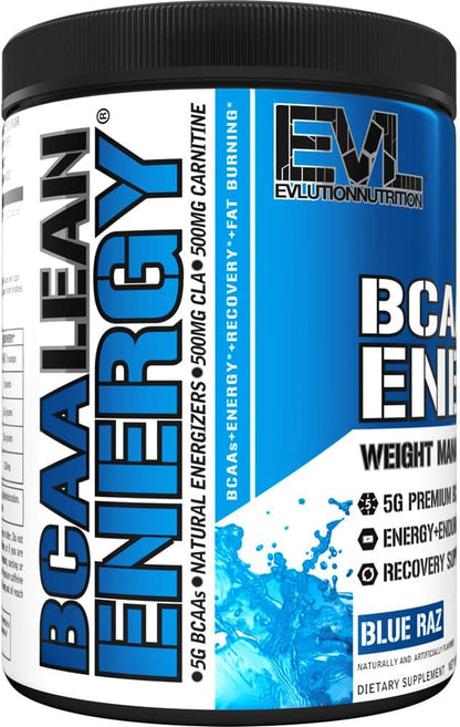 EVL BCAA Lean Energy Powder - Pre Workout Green Tea Fat Burner Support with BCAAs Amino Acids and Clean Energizers - Post Workout Recovery Drink for Lean Muscle Recovery - Blue Raz