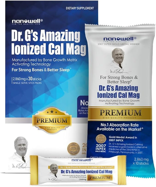 Dr. G's Amazing Ionized Cal Mag 2,860mg (Premium) - Bone Strength and Bone Health Supplement with Ionized Calcium & Magnesium Powder Stick Packs - 30 Sticks x 1 Pack (30 Count)