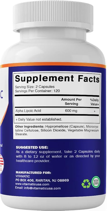 Vitamatic Alpha Lipoic Acid (ALA) 600mg Per Serving - 240 Vegetable Capsules - 120 Servings - Non-GMO & Gluten Free