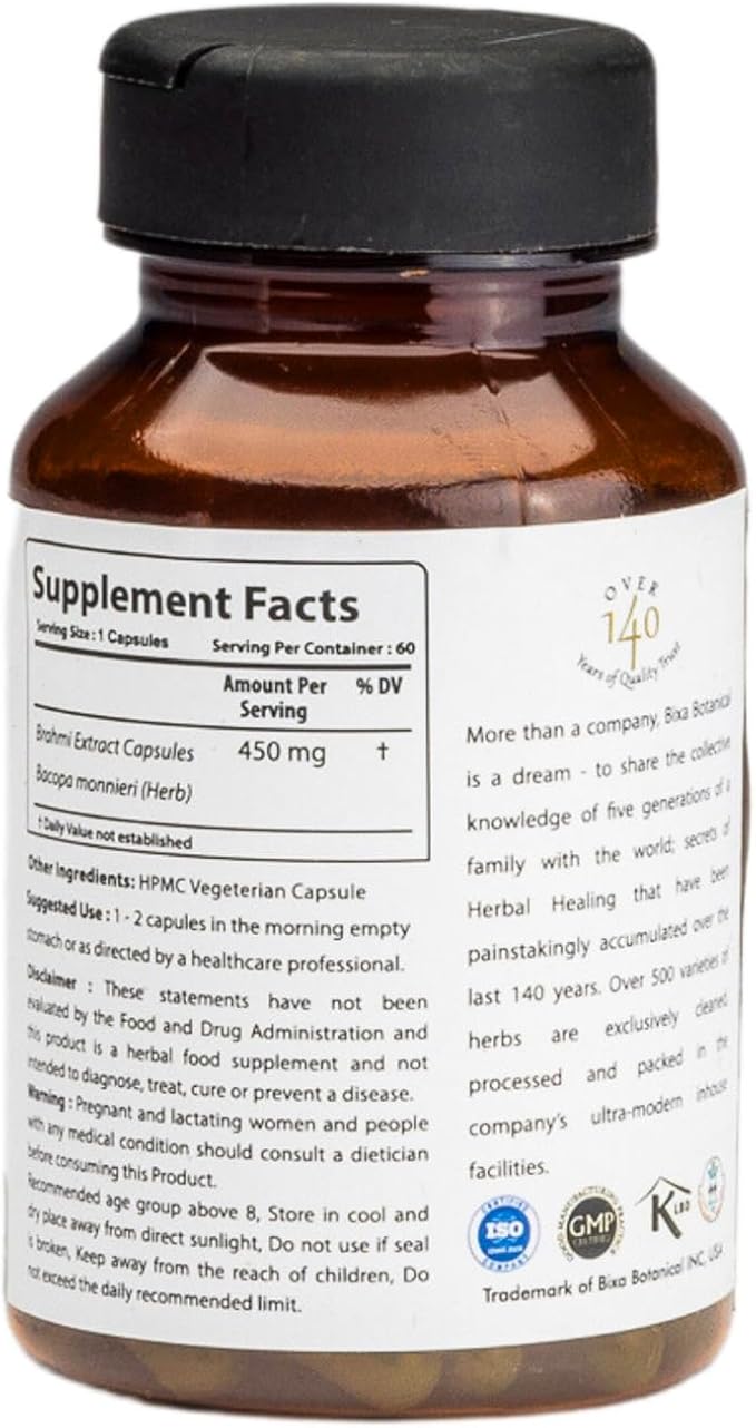 bixa BOTANICAL Bacopa (Brahmi/Bacopa Monnieri/Brahmi Leaves) ǀ Ayurvedic Herbal Supplement | Gluten Free, Non-GMO, Steam Sterlized, Vegan, 100% Pure 450 Mg Veg Capsules (60 Count (Pack of 1))