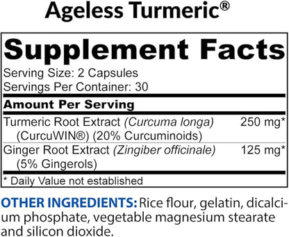BioTrust Ageless Turmeric Supplement - CurcuWIN Turmeric Curcumin with Ginger Extract - 46x More Bioavailable, High Absorption, Long Lasting - Antioxidant Support (60 Capsules)