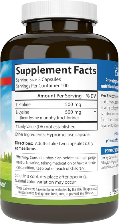 Carlson - Pro-Rite, Free-Form L-Proline & L-Lysine, Health, Joint Support & Collagen Formation, 200 Capsules