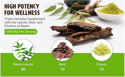 Neem Triple Complex - High-Potency Azadirachta Indica Capsules, Neem Leaves, Bark, Flowers in Ratio (80:10:10) - 180 Capsules, 90 Serving, 1000 Mg per Serving. Pack of 1.