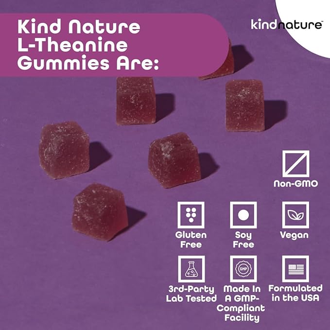 Kind Nature L-Theanine Gummies 200mg – Vegan Calm & Focus Supplement for Adults & Kids Ages 4+ – Mixed Berry Chewable, Low Sugar, Non-Drowsy*