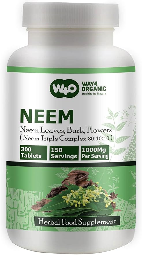 Neem Triple Complex - High-Potency Azadirachta Indica Tablets, Neem Leaves, Bark, Flowers in Ratio (80:10:10) - 300 Tablets, 150 Serving, 1000 Mg (1 Pack)