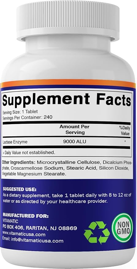 Vitamatic Lactase Enzyme 9000 FCC 240 Tablets - Lactose Intolerance Relief Caplets