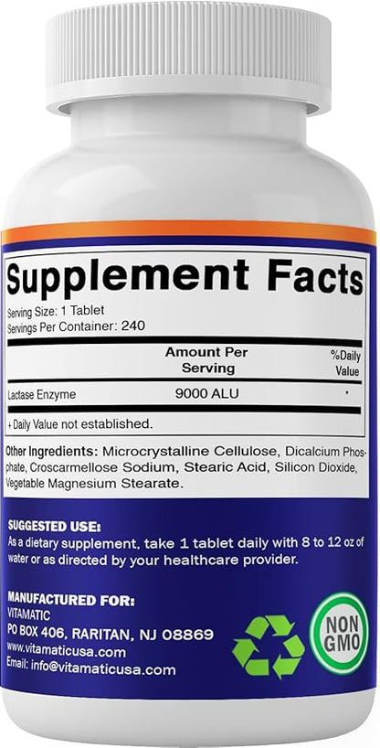 Vitamatic Lactase Enzyme 9000 FCC 240 Tablets - Lactose Intolerance Relief Caplets