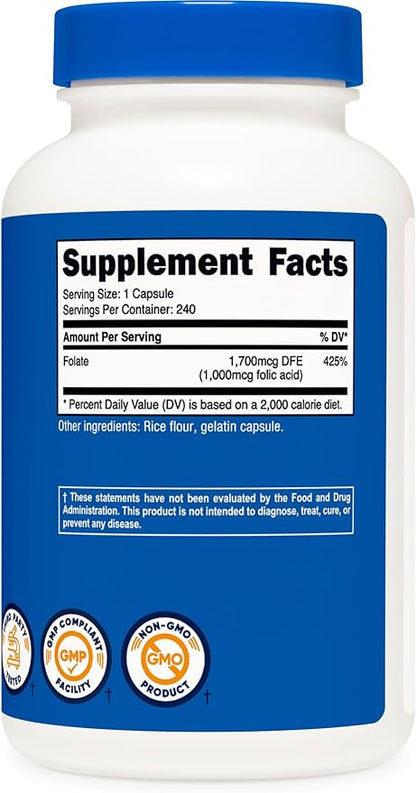 Nutricost Folic Acid (Vitamin B9) 1000 mcg, 240 Capsules