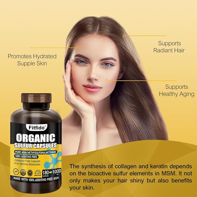 MSM Capsules (180 Count), Pure Organic Sulfur Supplement, Used for Joint Health and Functional Wellness, Hair, Skin, Nails, 1 Bottle Pack