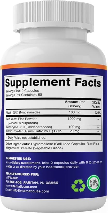 Vitamatic Citrinin-Free Red Yeast Rice 1200 mg. Capsules with CoQ10 100mg, Flush Free Niacin 100mg, & Garlic Powder 20mg - 120 Veg Capsules