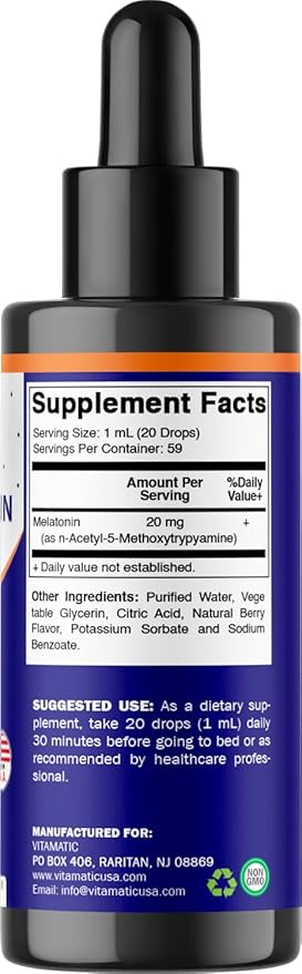 Vitamatic 2-Pack Melatonin 20mg Liquid Drops - 2 fl oz (59 ml) Each - Natural Berry Flavor - Non-GMO, Vegetarian Supplement for Adults