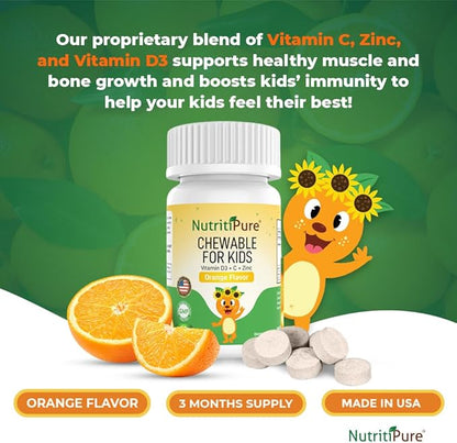 Chewable Vitamin D3 (Cholecalciferol) 25 mcg (1000 IU) + Zinc (Zinc Citrate) 5mg + Vitamin C 30mg for Kids Orange Flavor 90/Bottle (1)