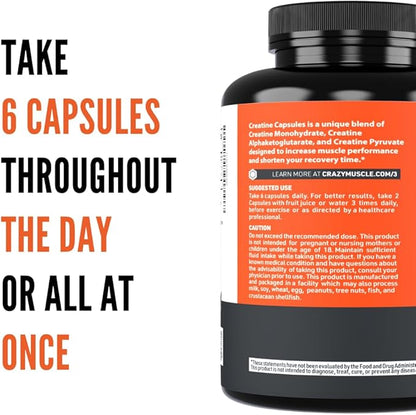 Crazy Muscle Creatine Capsules, 5g of Premium 3X ThreeAtine Pre Workout Bulk Mass Gainer, High Absorption Easy to Take Creatine Monohydrate, Optimum Performance for Men Women, 360 Capsules