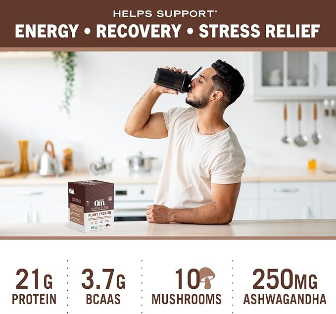 OM Mushroom Superfood Master Blend Mushrooms & Adaptogens, Creamy Chocolate Plant Protein, Single Serve, 10 Count, 10 Mushroom Complex, Lion's Mane, Ashwagandha for Energy, Recovery, Stress Relief
