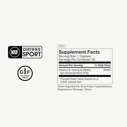 Momentous Vitamin D3 Supplement - 5000 IU Capsules for Foundational Health Support - NSF Certified, Gluten Free, 60 Servings