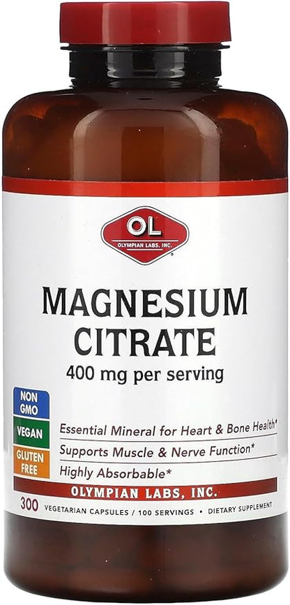 Olympian Labs Magnesium Citrate 400mg - 300 Capsules - Easy Absorbable, Supporting Healthy Bones, Healthy Heart and Calcium Absorption