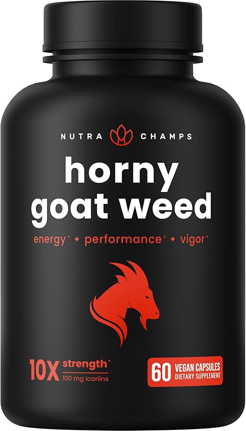 NutraChamps Horny Goat Weed, 1000mg Epimedium Energy Supplement, 10X Strength Icariin, Ginseng, Tribulus & Maca Pills for Women & Men, Enhanced Absorption with Black Pepper, 60 Vegan Capsules