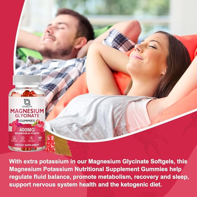 Magnesium Glycinate Gummies 400 mg with 100 mg Composite Magnesium - Chelated Magnesium Potassium Supplement with Vitamin D, B6 Supports Calm, Sleep, Memory & Muscle Cramps,Sugar Free - 60 Gummies