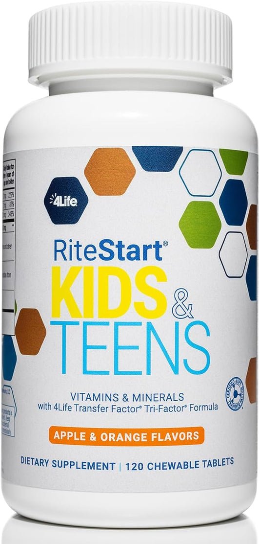 4Life RiteStart Kids and Teens- Apple, Orange Flavors, 22 Essential Vitamins, Minerals, Immune System and Brain Support Ages 2+ - 120 Chewable Tablets
