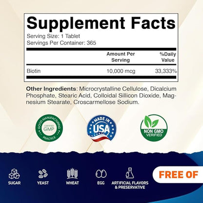 Vitamatic Biotin 10,000 mcg (10 mg) for Stronger Hair, Skin & Nails - 365 Vegan Tablets- Also Called Vitamin B7