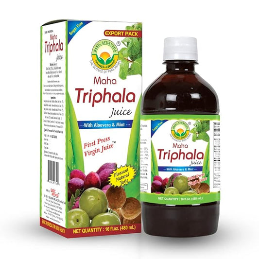 Basic Ayurveda Maha Triphala Juice with Aloe Vera & Mint | First Press Virgin Juice | Natural Herbal Beverage | Sugar Free | Pleasant Taste | 16.23 Fl Oz (480ml)