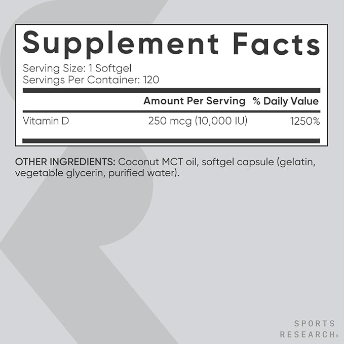 Sports Research 10,000 iu Vitamin D3 Supplement with Organic Coconut Oil - Vitamin D for Strong Bones & Immune Health - Supports Calcium Absorption - Non-GMO - 250mcg, 120 Mini Softgels for Adults