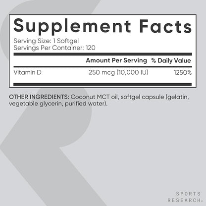 Sports Research 10,000 iu Vitamin D3 Supplement with Organic Coconut Oil - Vitamin D for Strong Bones & Immune Health - Supports Calcium Absorption - Non-GMO - 250mcg, 120 Mini Softgels for Adults