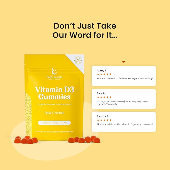 Halal Certified Vitamin D3 Gummies 2000 IU - Sugar-Free, Vegan, & High Absorption - Cholecalciferol Supplement - Tasty Gummies for Adults and Kids