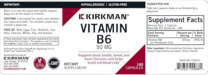 Kirkman Vitamin B-6 50 mg - Hypoallergenic - 100 Vegetarian Capsules - Gluten/Casein Free
