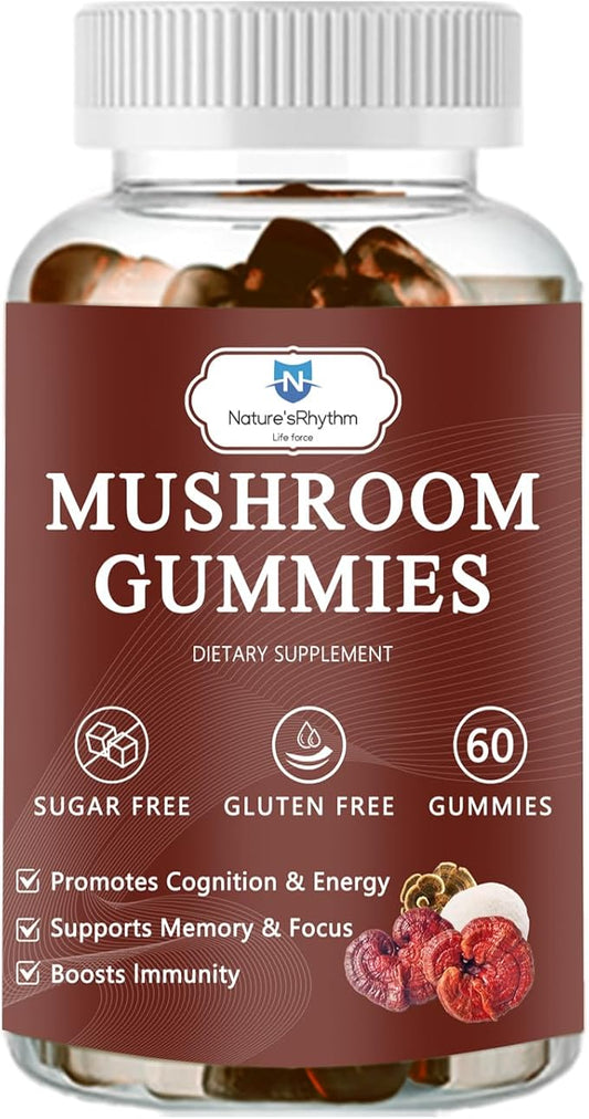 Organic Mushroom Gummies with Mane Mushroom, Reishi, Cordyceps, Lion's Mane Mushroom Gummies for Adults Brain Booster, Immune Support, Energy-60 Units